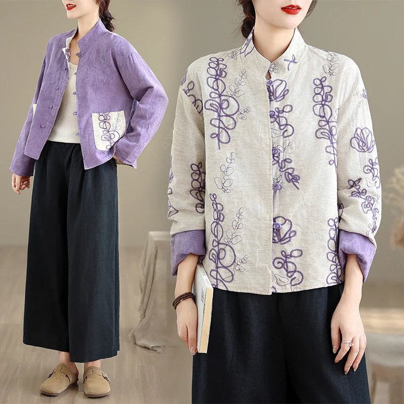 Elegant Cotton Linen Embroidery Casual Open Cardigan for Women Lucky Lotus Design Ageless Fashion Autumn Wear Versatile Style