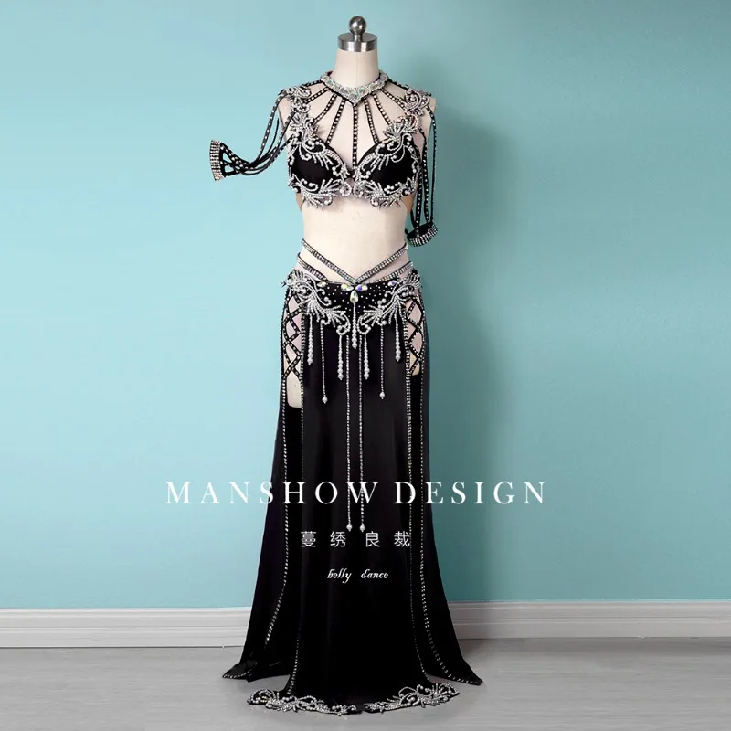 

Customized Belly Dance Costume Female Performance Dress Set Black Conservative Hip Wrapping Skirt Bra Belt Long Skirt