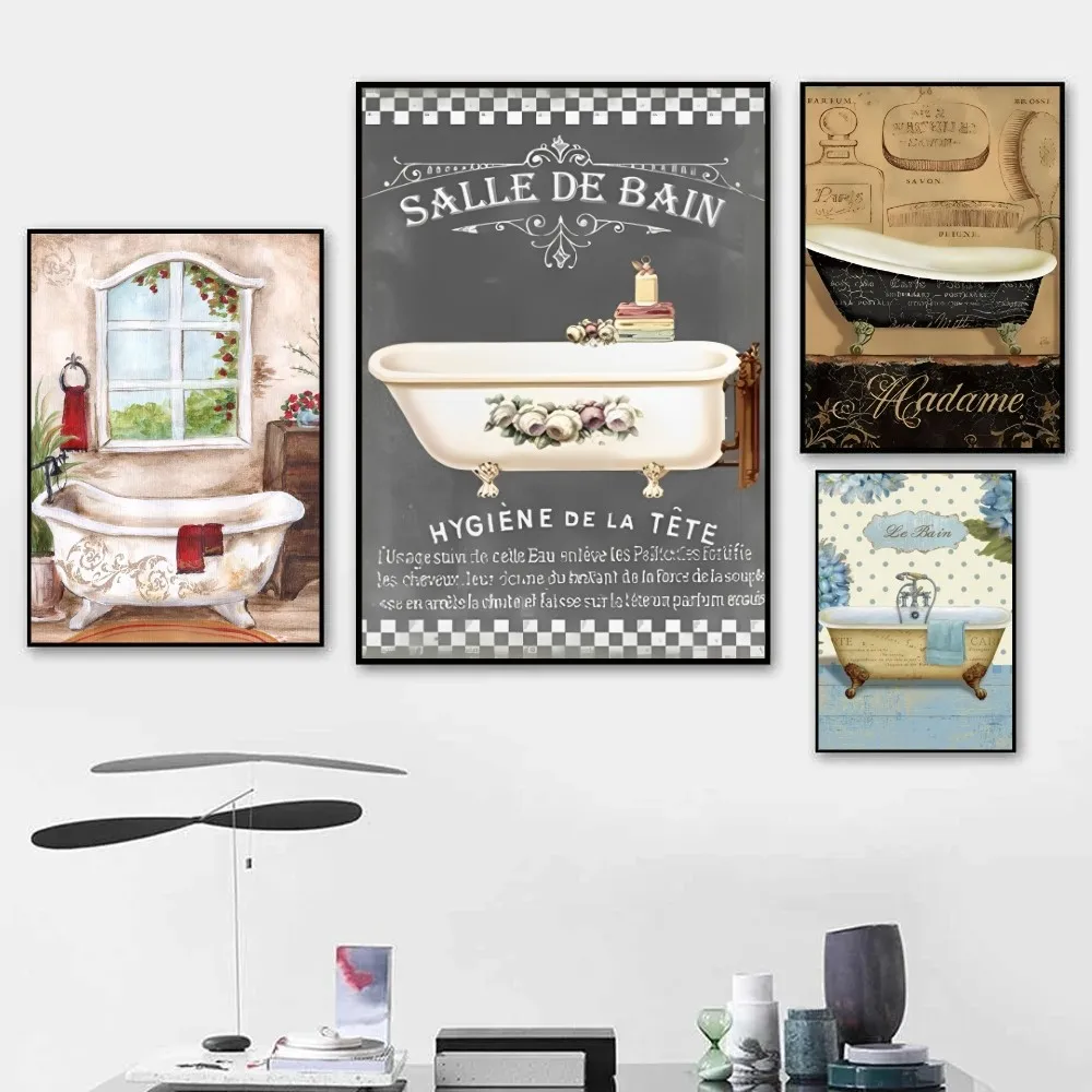 1pc  Retro French Bathroom Bathtub Poster Paper Print Home Bedroom Entrance Bar Cafe Art Painting Decoration