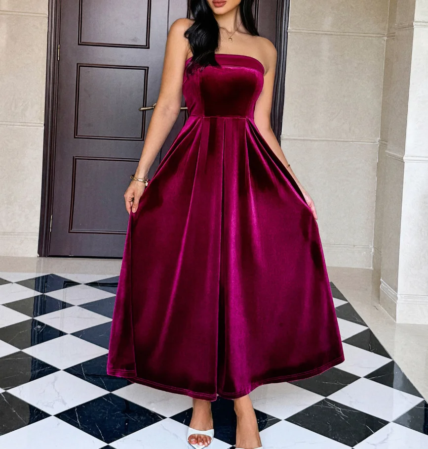 

Ladies Strapless Solid Color Evening Dress Sexy Fashionable Party Long Gown for Women Summer 2025 New Arrival
