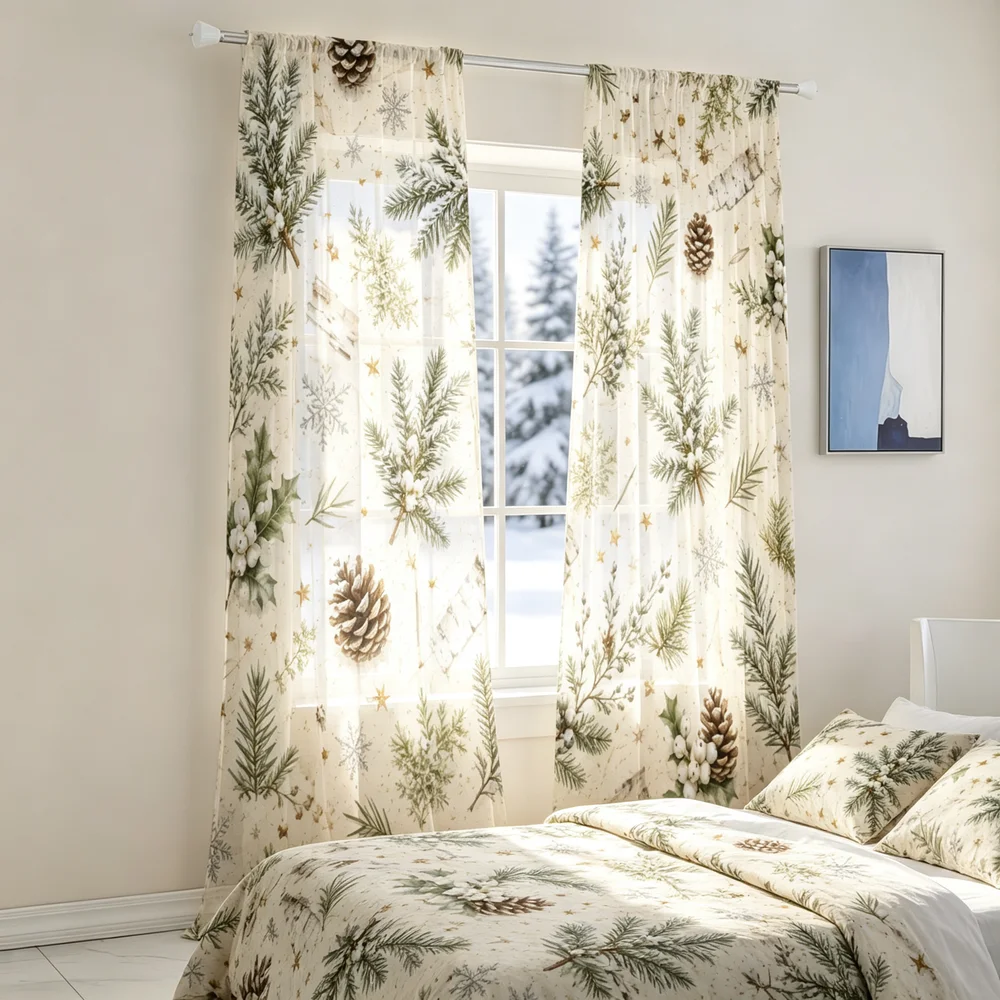 2PCS Christmas Curtains, Pinecones Birch Bark Print, Bedroom Living Room Window Drapes, Rod Pocket Polyester, Home Decor