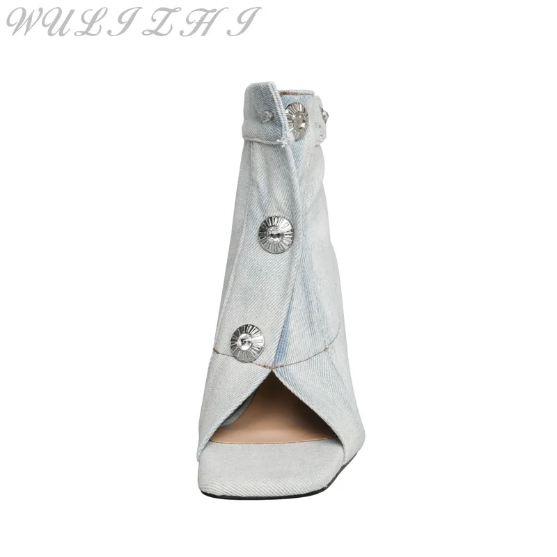 Denim Blue Open Toe Short Boots Large Size Women Ankle Boots Summer Rivet Button Belt Buckle Stiletto High Heel Lady Pumps