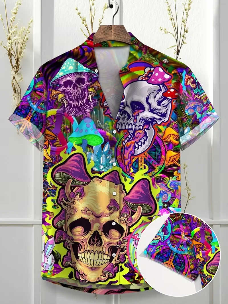 Skull Print Hawaiian Shirt For Men, Gothic Skeleton Pattern Short Sleeve Button Down Aloha Shirt, Casual Summer Beach Party Tops