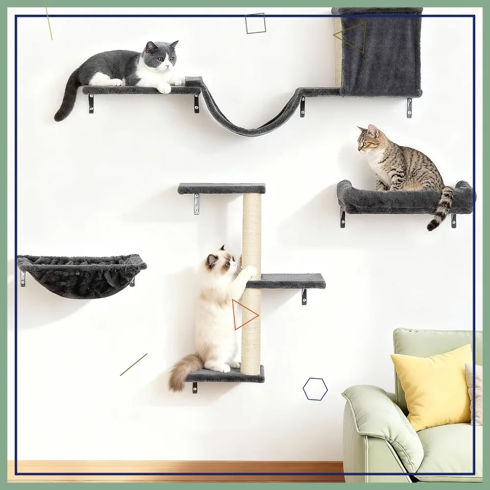 

Heavy Duty Cat Wall Shelves for Indoor Cats, 17'' Large Hammock & Perch Bed, 5-in-1 Wall-Mounted Climbing Set