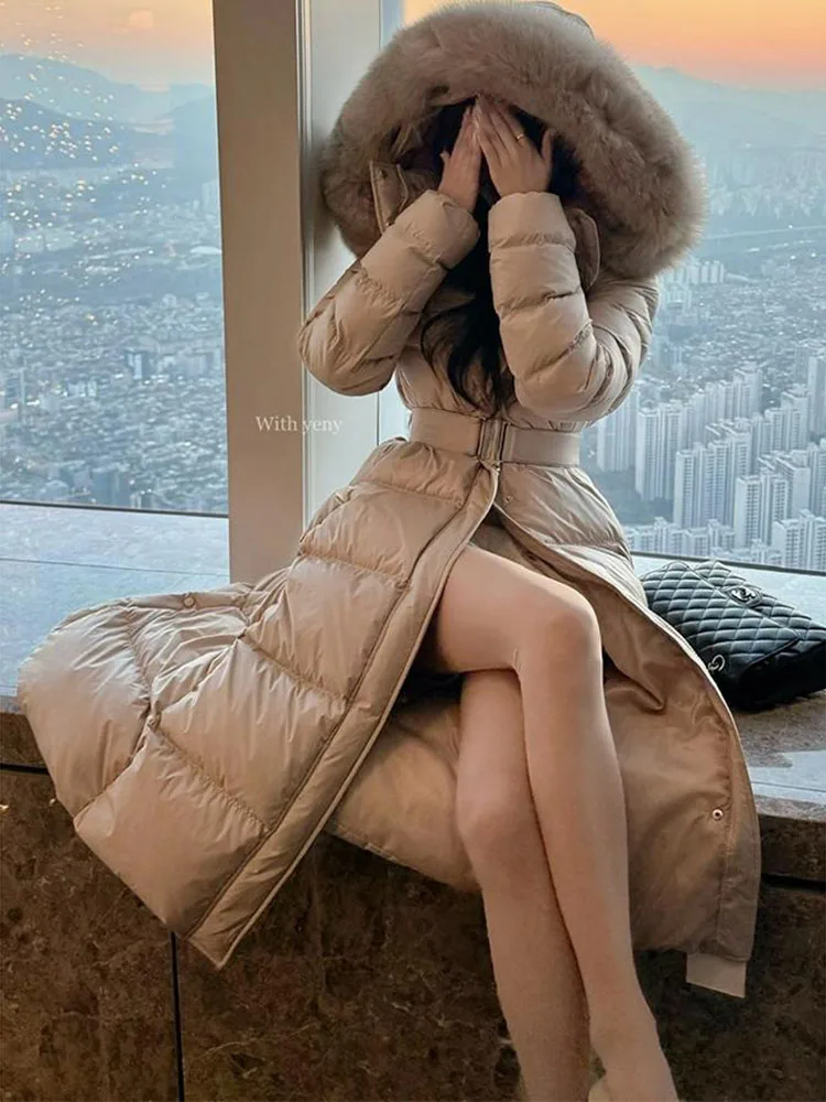 Unten Mantel Frauen Winter Echt Fox Pelz Kragen Mit Kapuze Pelz Jacke Dicke Herbst X-lange Weiße Ente Unten Jacke überwäsche