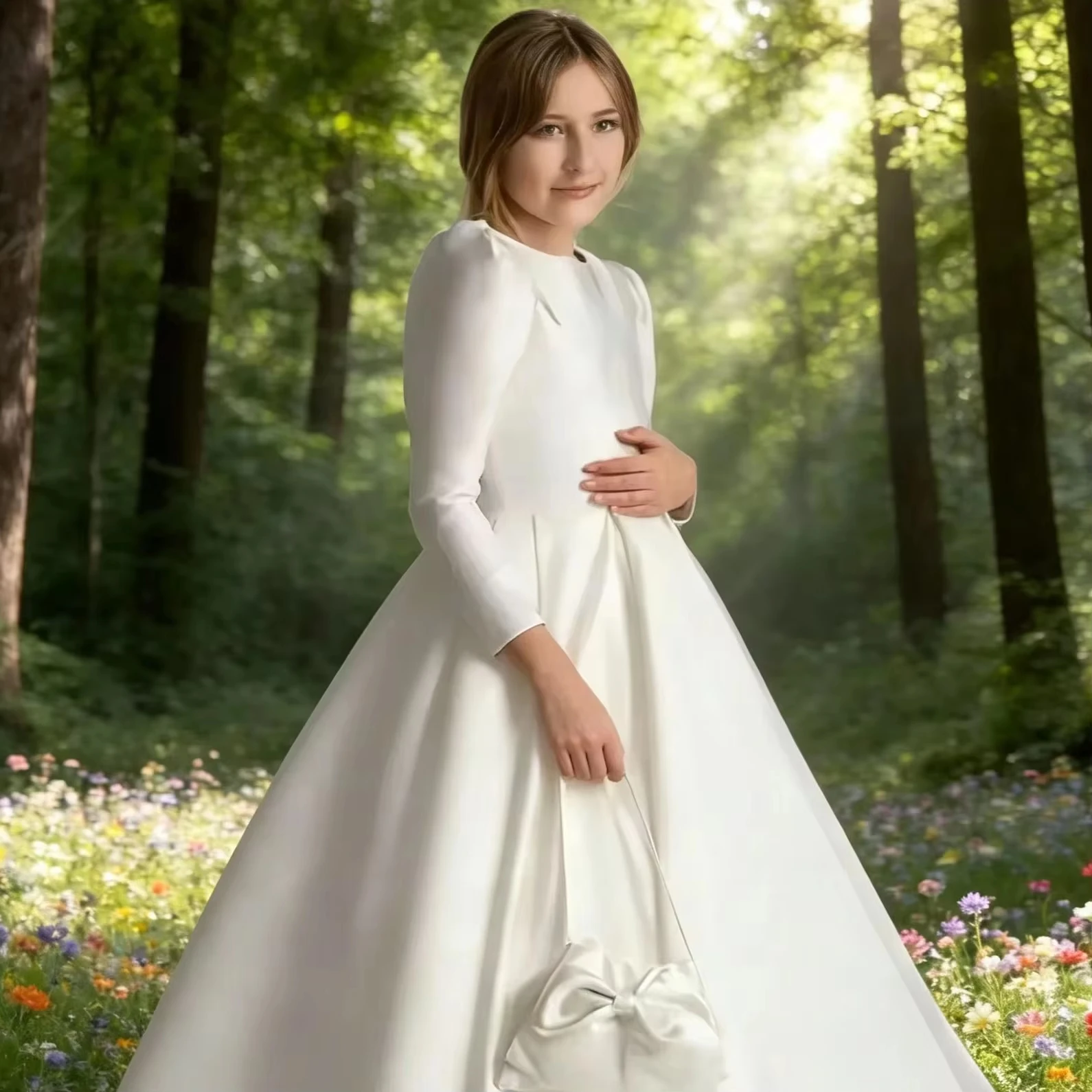 Vestidos Clásicos de Niña para Bodas, Vestidos Vintage de Satén con Manga Larga hasta el Tobillo para Fiestas de Cumpleaños Infantiles, Vestidos de Primera Comunión