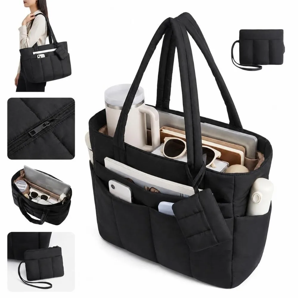 30L Capacity Quilted Tote Bag Laptop Compartment Multi Pocket Business Bag Padded Handles Luggage Sleeve Laptop Handbag