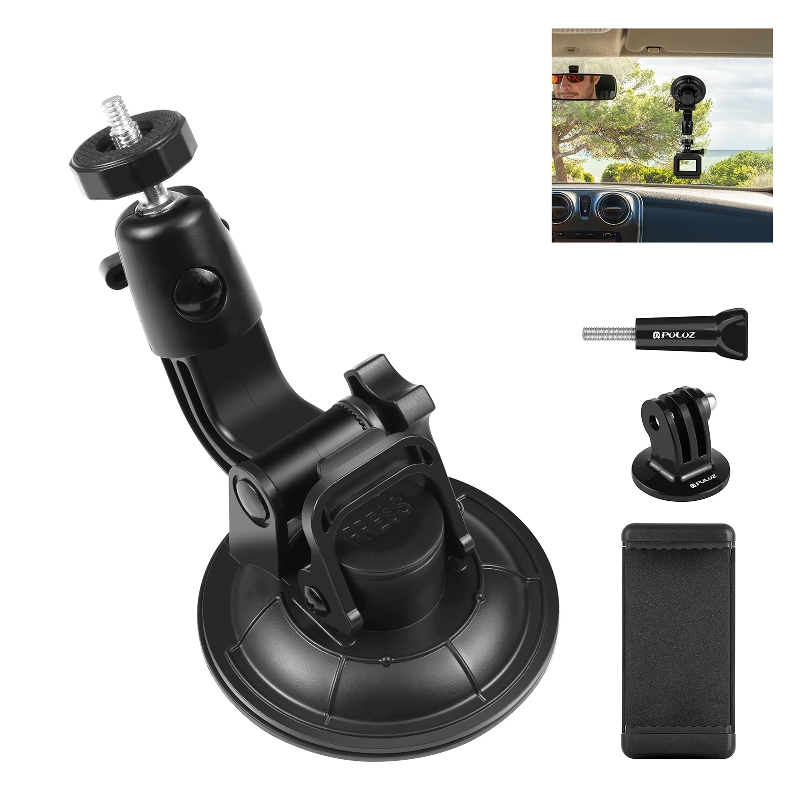 PULUZ Car Suction Cup Mount with Phone Clamp / Screw / Tripod Adapter for Phone Action Cameras