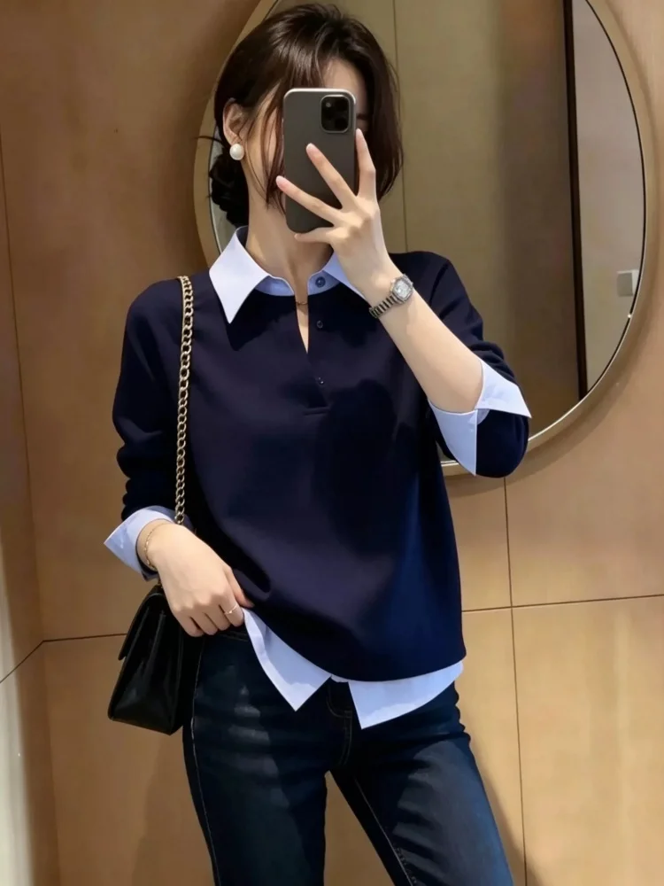 Fashionable Loose Women's Shirt Fake Two-Piece Top plus Size Autumn Early 2026 Korean Style Straight Body Standard Fit T-Shirt