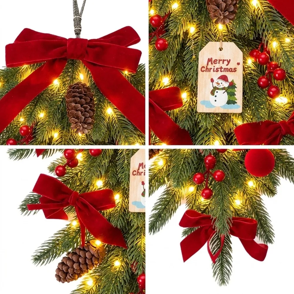 Christmas Teardrop Hanging Decoration 60x35cm with Pine Style Foliage Red Bows Cone and Berry Details for Walls
