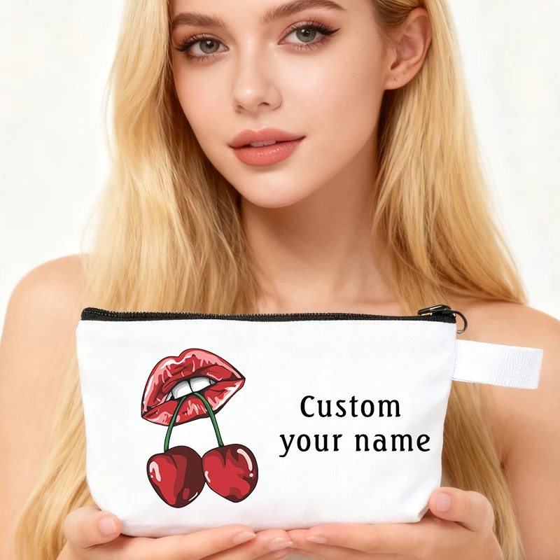 

Makeup Bag Organizers Custom Name Cherry Personality Pouch Small Cosmetic Bag Stationery Organizer Gift Travel Canvas Bags