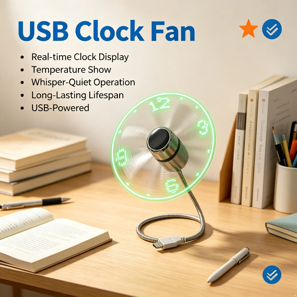 Clock Fans Time Temperature Display Metal Mini Fan USB Powered LED Clock Fan Flexible Gooseneck LED Clock for Laptop PC Notebook