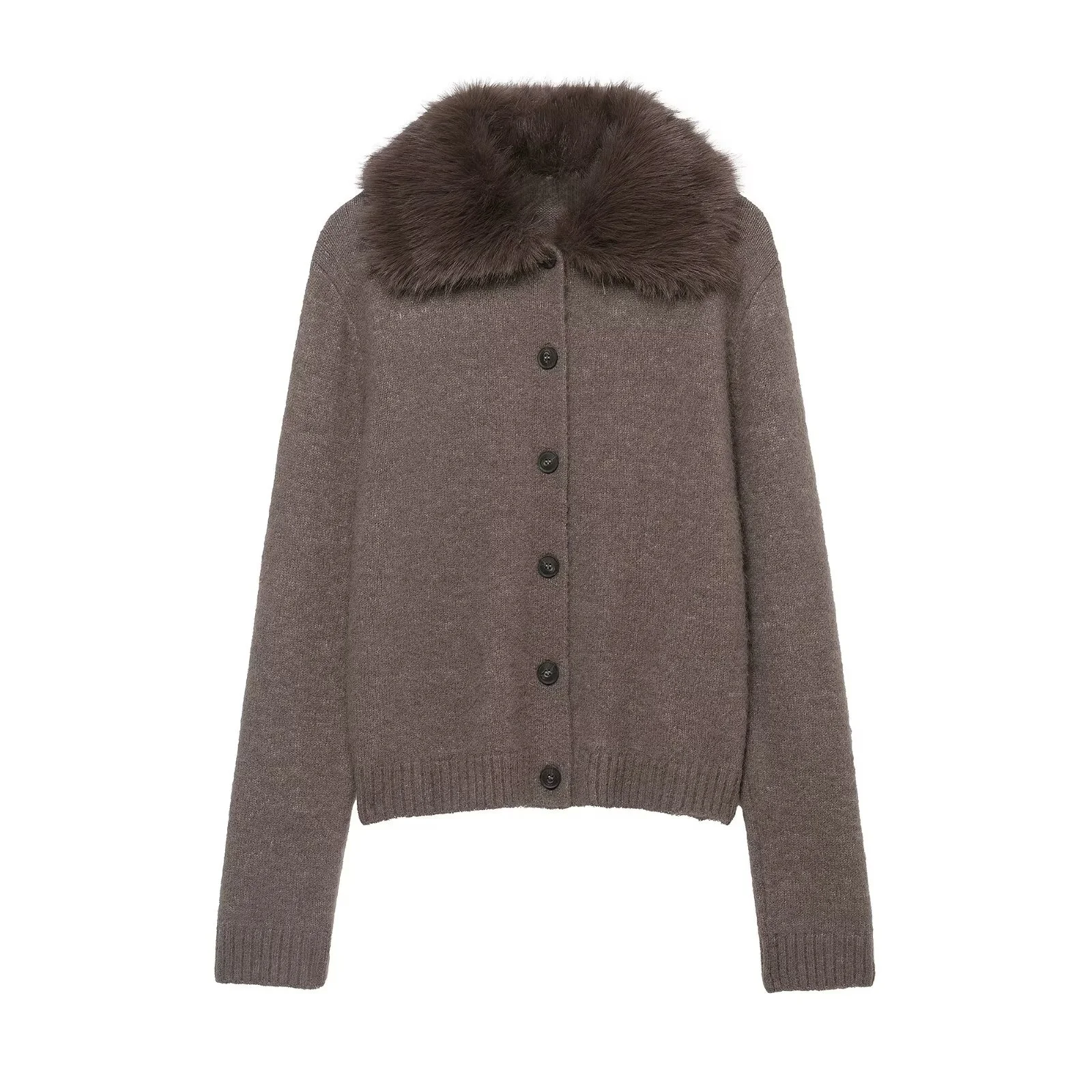 

2025 Winter New Women's Casual Fashionable Simple Faux Fur Effect Lapel Long Sleeve Button-Down Knit Cardigan
