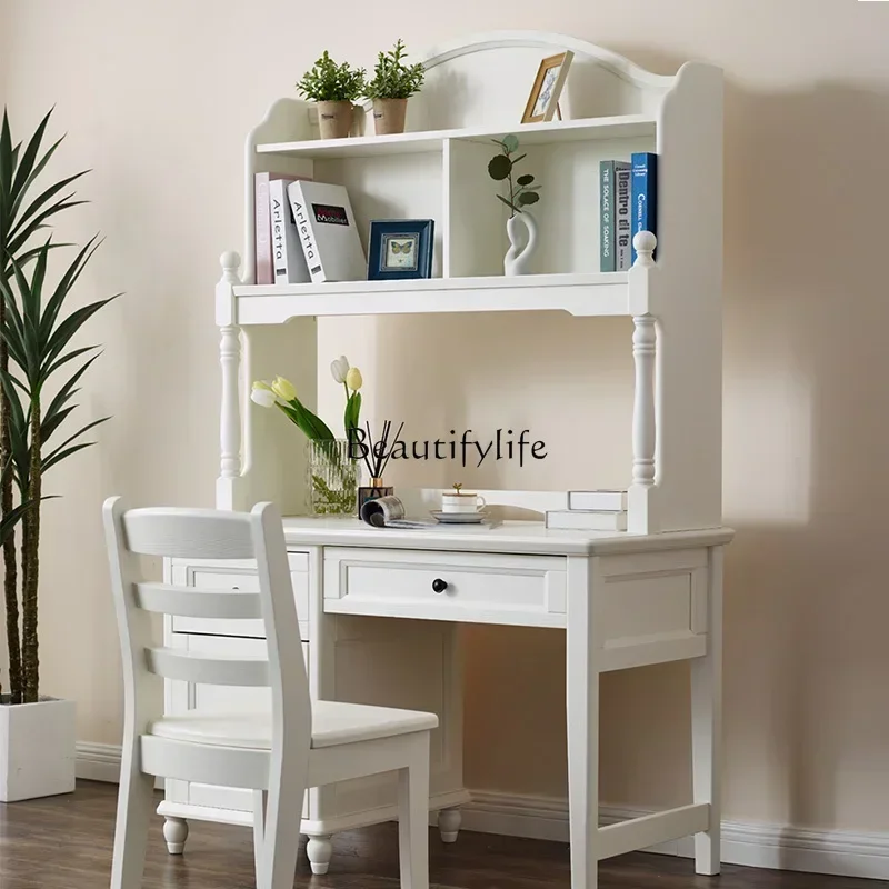 New Arrivals American rural Mediterranean pastoral Korean all solid wood white cream style desk bookshelf combinationss 7304