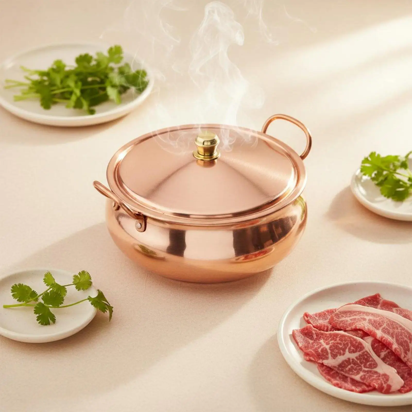Traditional Chinese Copper Soup Pot Steamer Cookware for Hot Pot Stews with Riveted Handles