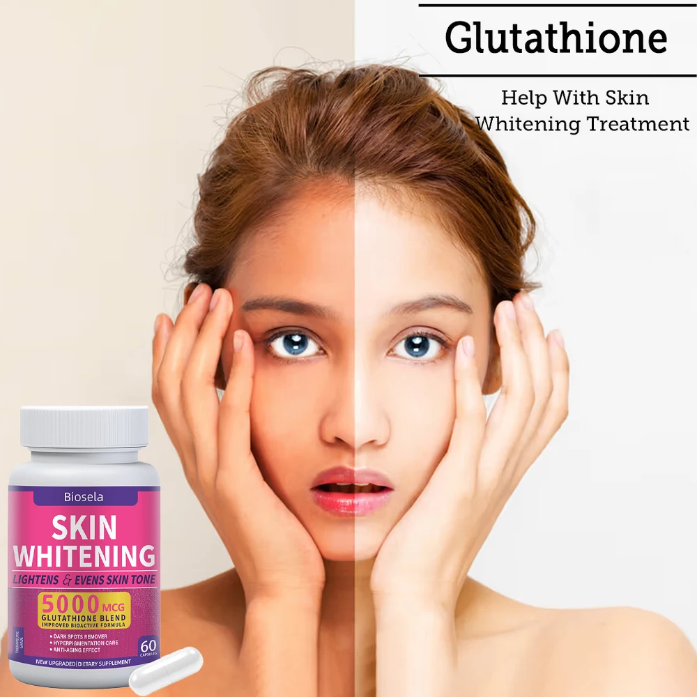 

Модернизированная добавка для отбеливания кожи Biosela Glutathione 2025 года, 5000 мкг, таблетки для отбеливания кожи для темных людей — 60 капсул