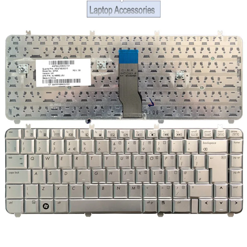 Nuevo teclado del ordenador portátil del Reino Unido para HP Pavilion DV5-1000 DV5-1100 DV5-1200 DV5-1218 1219 1218TX 1219TX AEQT6E00210 QT6A plata