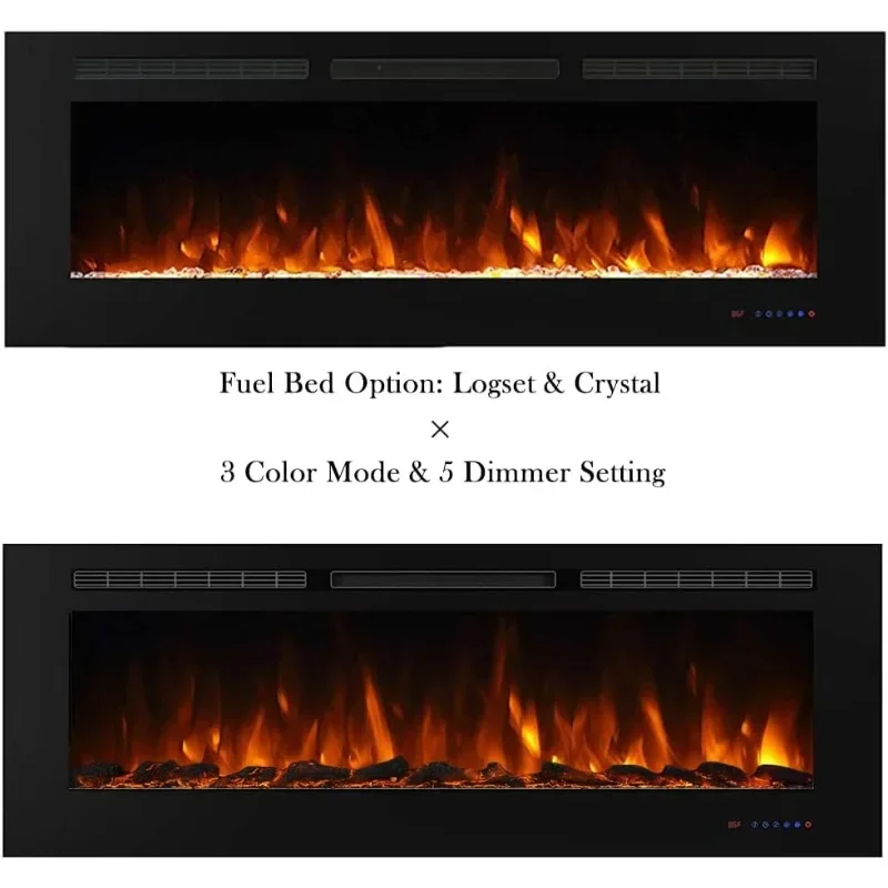 60" Recessed Electric Fireplace Insert, 5 Flame Settings, Log Set or Crystal Options Temperature Control by Touch Panel & Remote