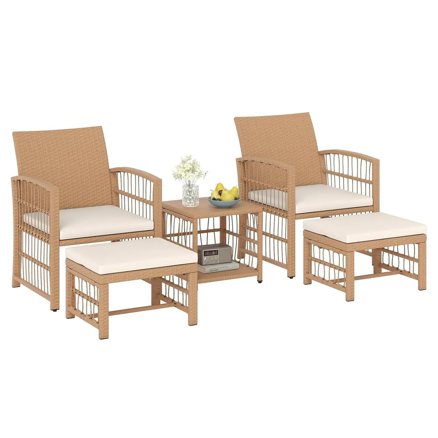 2 Armchairs, 2 Ottomans & 2-Tier Side Table, Outside Rattan Cushioned Sofa Set for Deck, Backyard, Porch or Poolside