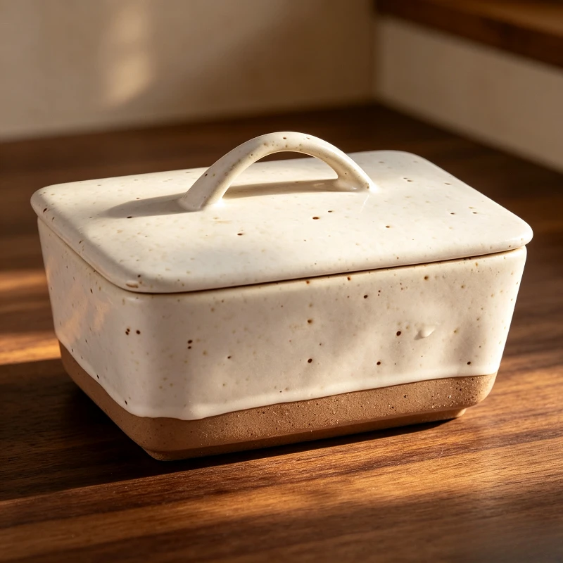 1Pc Vintage Glaze Ceramic Butter Container with Lid Large Square Butter Dish Food Storage Box for Cheese and Cream