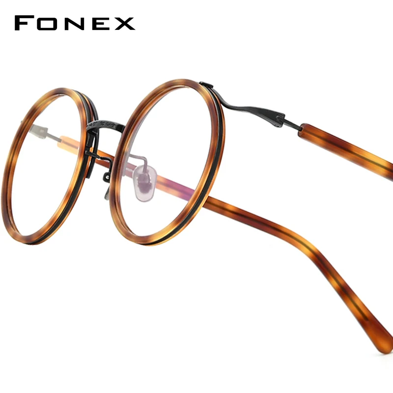 FONEX Acetate Titanium Glasses Frame Men Brand Design Vintage Retro Round Eyeglasses Women Spectacles Ultralight Eyewear 85676