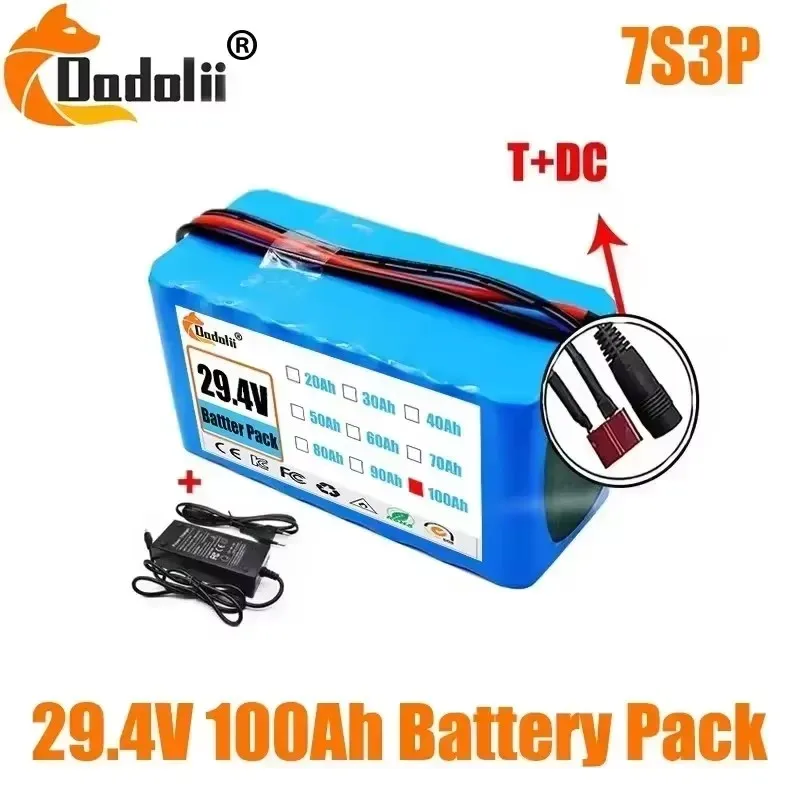 

High Capacity 29.4V 100Ah 7s3p 18650 Lithium Battery + 2A Charger for 24-29.4V Motors