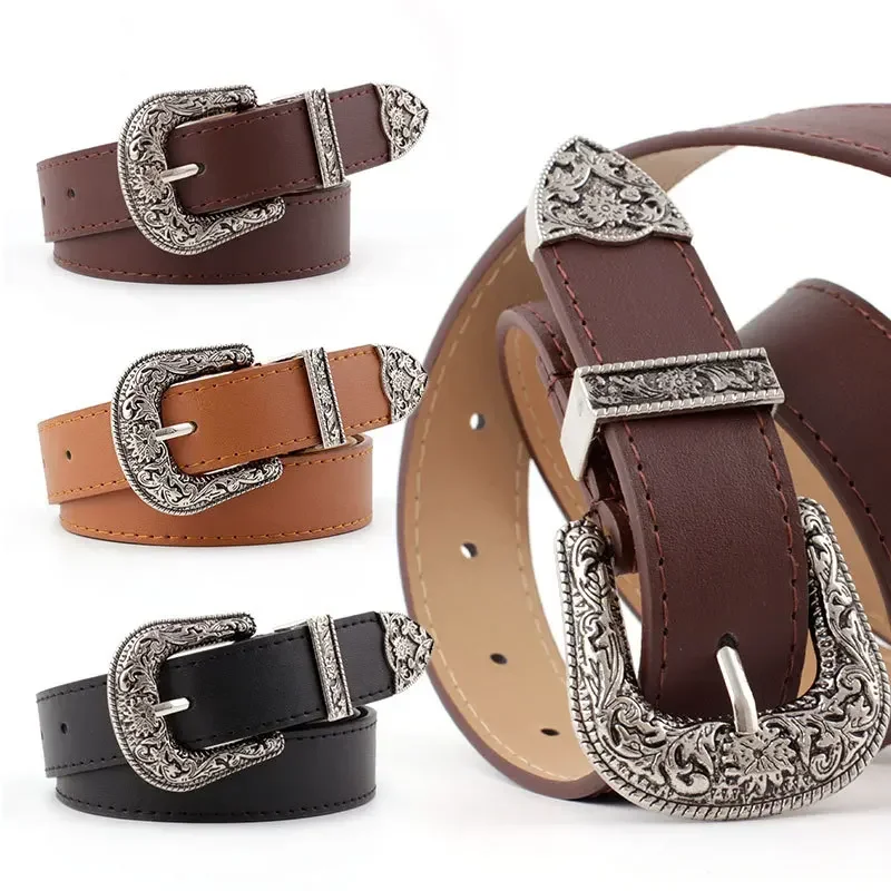 

Black Leather Belt Women Metal Heart Buckle Waist Belt Vintage Western Carved Jeans Ladies Belts Shirts Waistband cinturon mujer