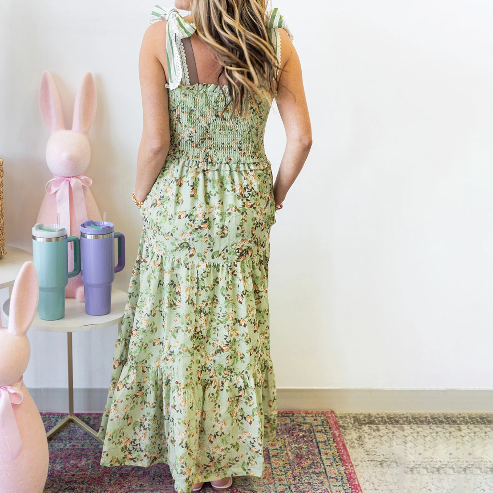 Combhasaki Abito lungo da donna estivo senza maniche, casual, con spalline larghe, stampa floreale, smock, senza schienale, con volant, a-line, abito lungo da festa