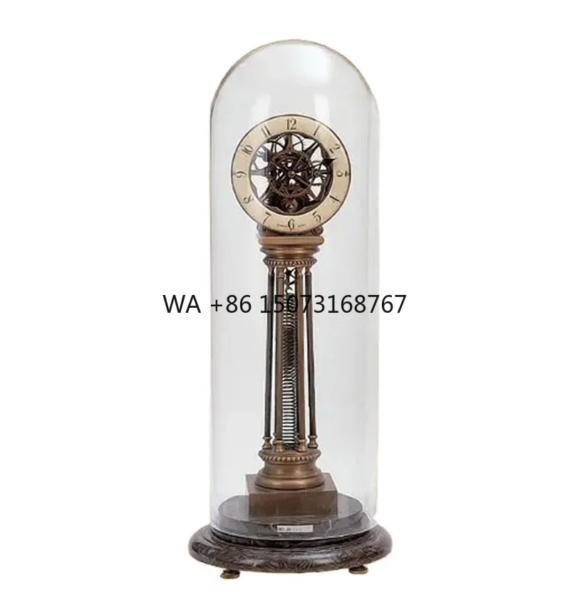 

French 18th Style Fantastic Glass Domed Brass Fusee Movement 8 Days Repeater Coil Spring Skeleton Desk Clock Marble Base