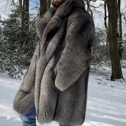 Men Faux Fox Fur Mid Length Long Coat Thick Warm Maxi Turn Down Collar Jackets Warm Casual Maxi Splice Autumn Winter Coats