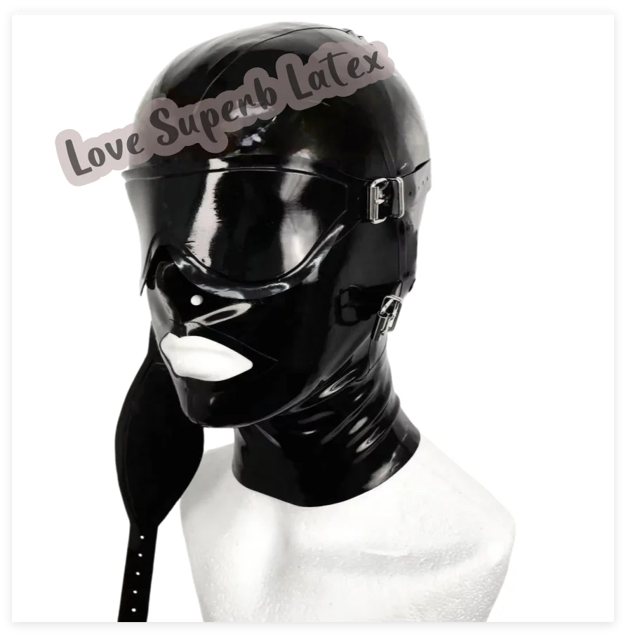 

Rubber Latex Mask Hood with Detachable Blindfold and Mouth fold Back Zip Open Eyes with Nose Hole with Eyes Cover Mouth cover