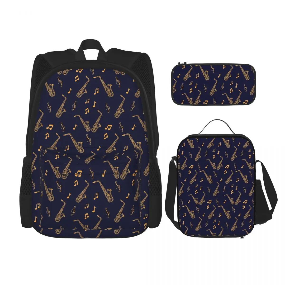 

Musical Saxophone Pattern Backpacks Boys Girls Bookbag School Bags Rucksack Lunch Bag Pen Bag Three-Piece Set