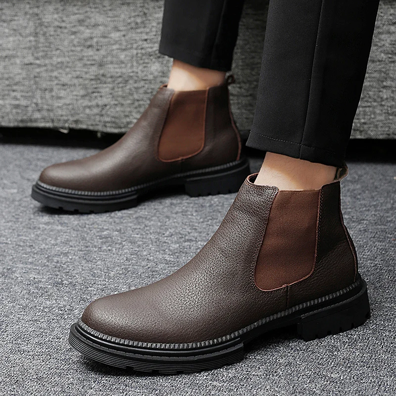 Botas Chelsea cálidas de terciopelo para hombre, botas altas de cuero de marca de lujo para negocios, botas de ocio para caminar con suela gruesa para exteriores