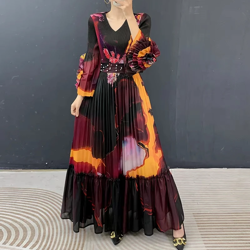 ANLAN New Miyaki Beading Design Art Print Ruched Pleated Women Dress Ruffle Sleeve Pleated Chiffon Long Dresses Vacation Outfit