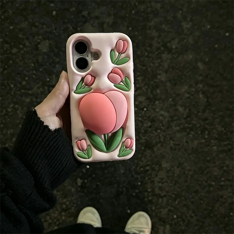 3D Tulip Stand Silicone Phone Case For iPhone 16 Pro Max 15 14 13 Pro Max Cute Pink Shockproof Soft Cover Girl Floral Kickstand