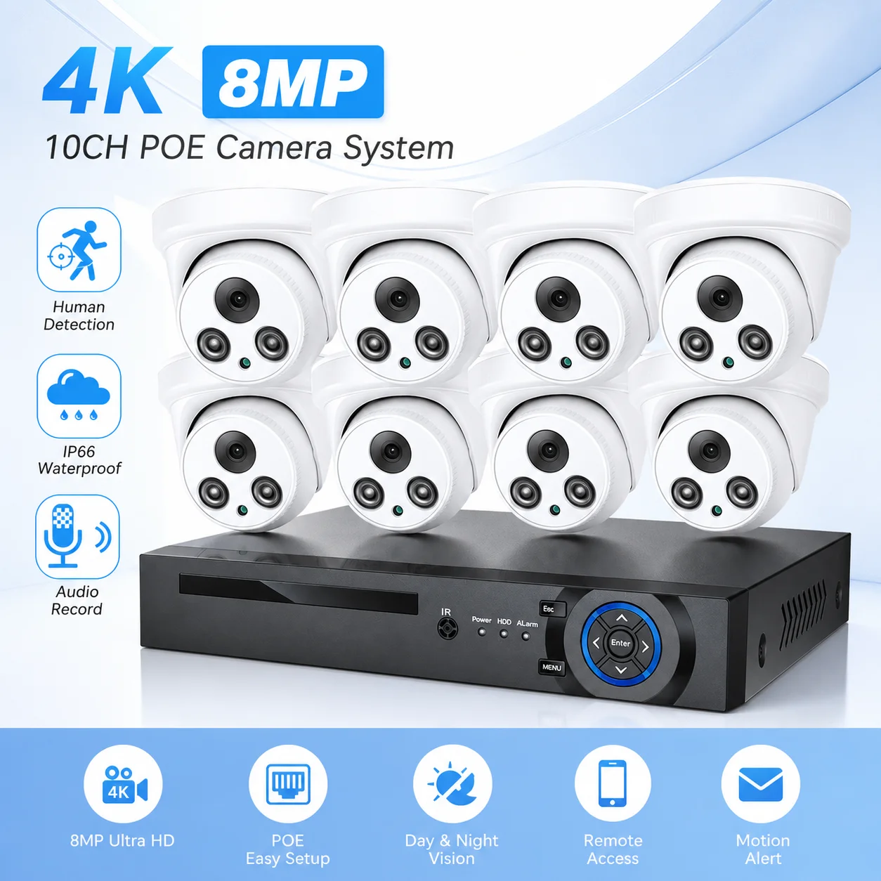 4K 8MP 10CH PoE Camera System With Dome IP Camera Human Detection IP66 Waterproof Audio Recording NVR CCTV Security Kit For Home