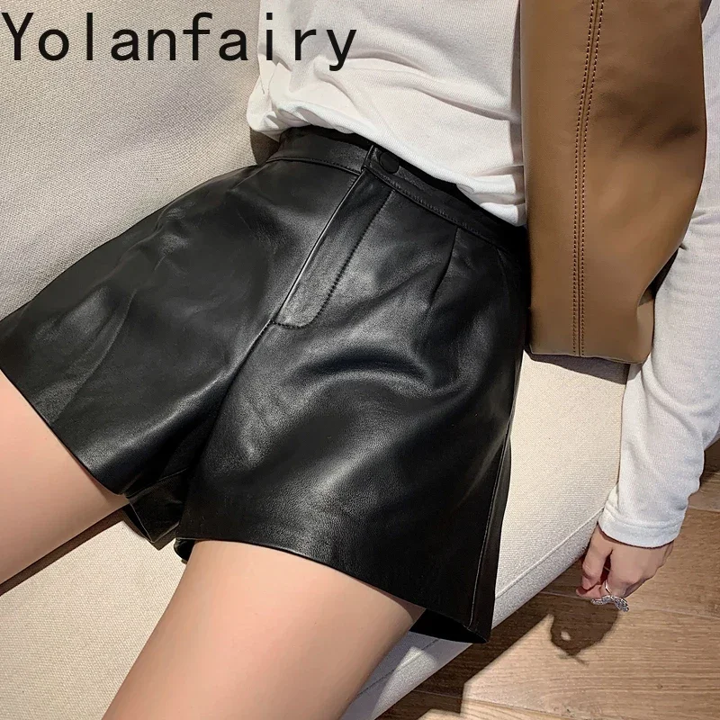 Real Sheepskin Leather Shorts Women 2024 Korean Fashion High Wasit Genuine Leather Shorts for Women Wide Leg Short Ropa Mujer