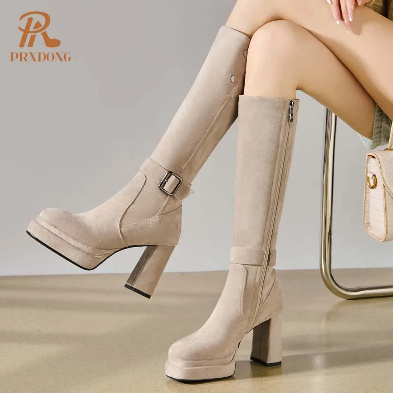 PRXDONG/Новая брендовая осенне-зимняя обувь на массивном высоком каблуке и платформе, черное абрикосовое платье на молнии, вечерние женские сапоги до колена, размер 39,