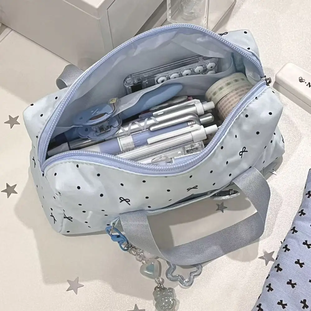 Cartoon Blue Polka Dot Pencil Case Bow Pattern Large-capacity Pen Bag Multi-functional Stationery Bag Students Gift