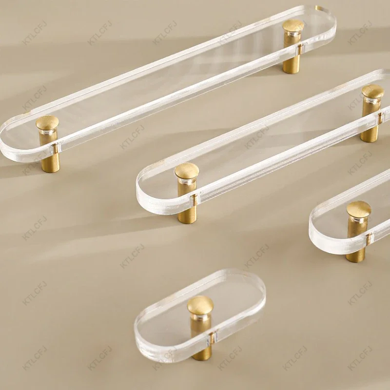 Maçaneta acrílica transparente moderna, punho de cristal high-end, ouro e acrílico gaveta, único furo, leve e luxo, 1pc, 96mm, 128mm
