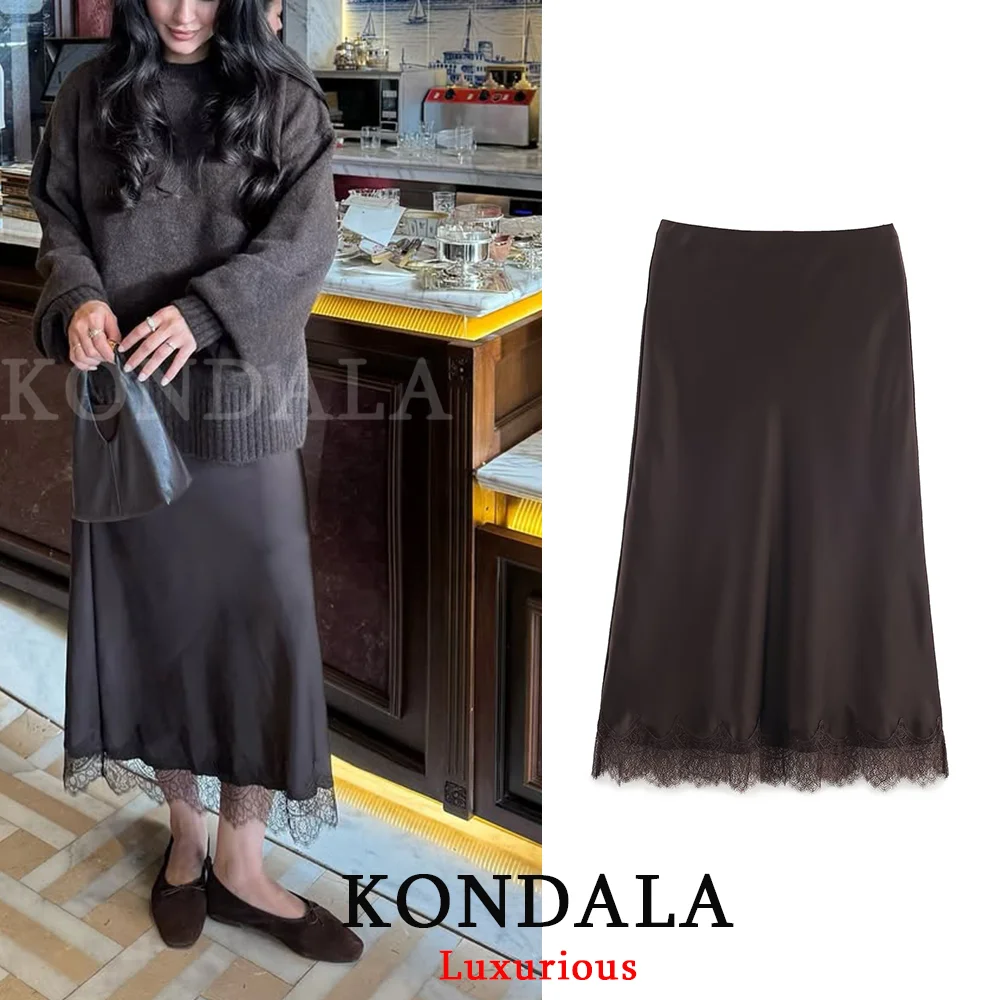 KONDALA Elegant Chic Brown Satin Skirt Elastic Waist Lace Patchwork Long Skirt Fashion 2026 Spring Causal Office Lady Skirts