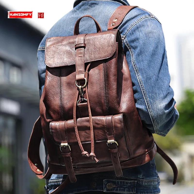 

Vintage Genuine Leather Men's Backpack First Layer Cowhide Retro Large Capacity 14-15.6 Inch Laptop Bag Computer Backpack Travel