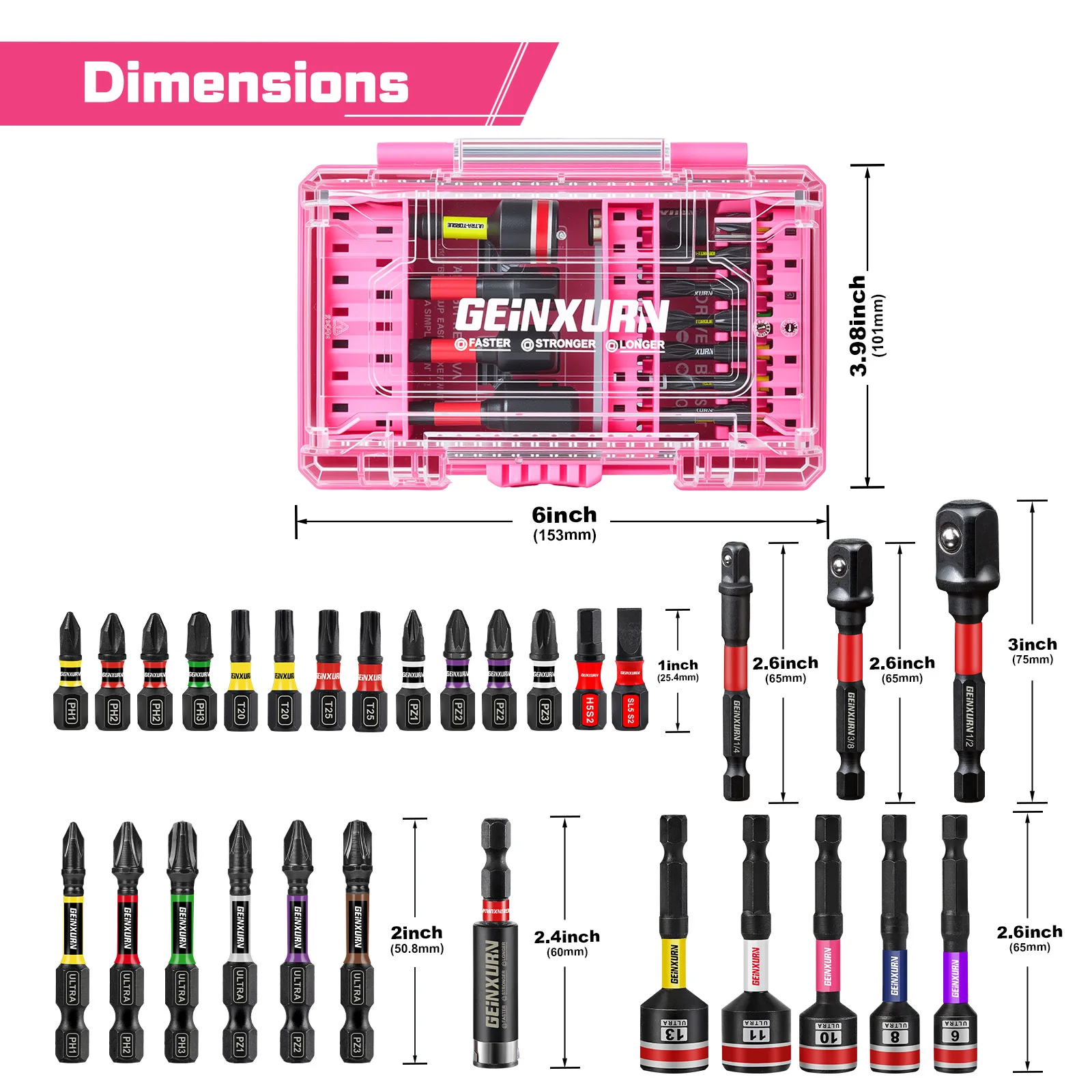 Geinxurn 29PCS Screwdriver Bits Set Magnetic S2 Steel 1/2'' PH/PZ/Hex/SL/Torx Impact Bit Holder Nut Driver in Pink Box for Home