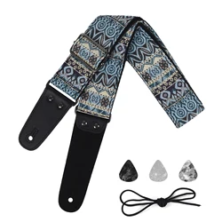 Ethnic Style Jacquard Cotton Guitar Strap for Acoustic/Electric/Bass Guitar with Pick Storage Pocket,Adjustable Length 35.8