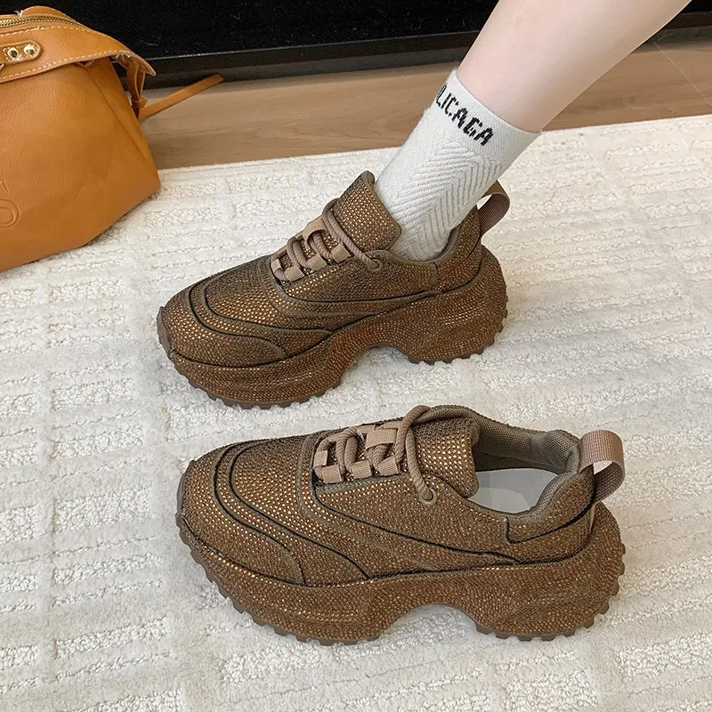 Sapatos únicos femininos com sola grossa e bico redondo com diamantes completos, confortáveis, antiderrapantes, respiráveis, esportivos e casuais