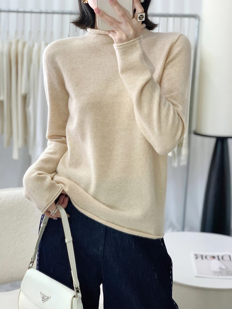 

Elegant Binding Casual Basic Soft Women's Simple Pullovers 100% Merino Wool Knitwear O-Neck Sweater Comfort Warm Chic Tops