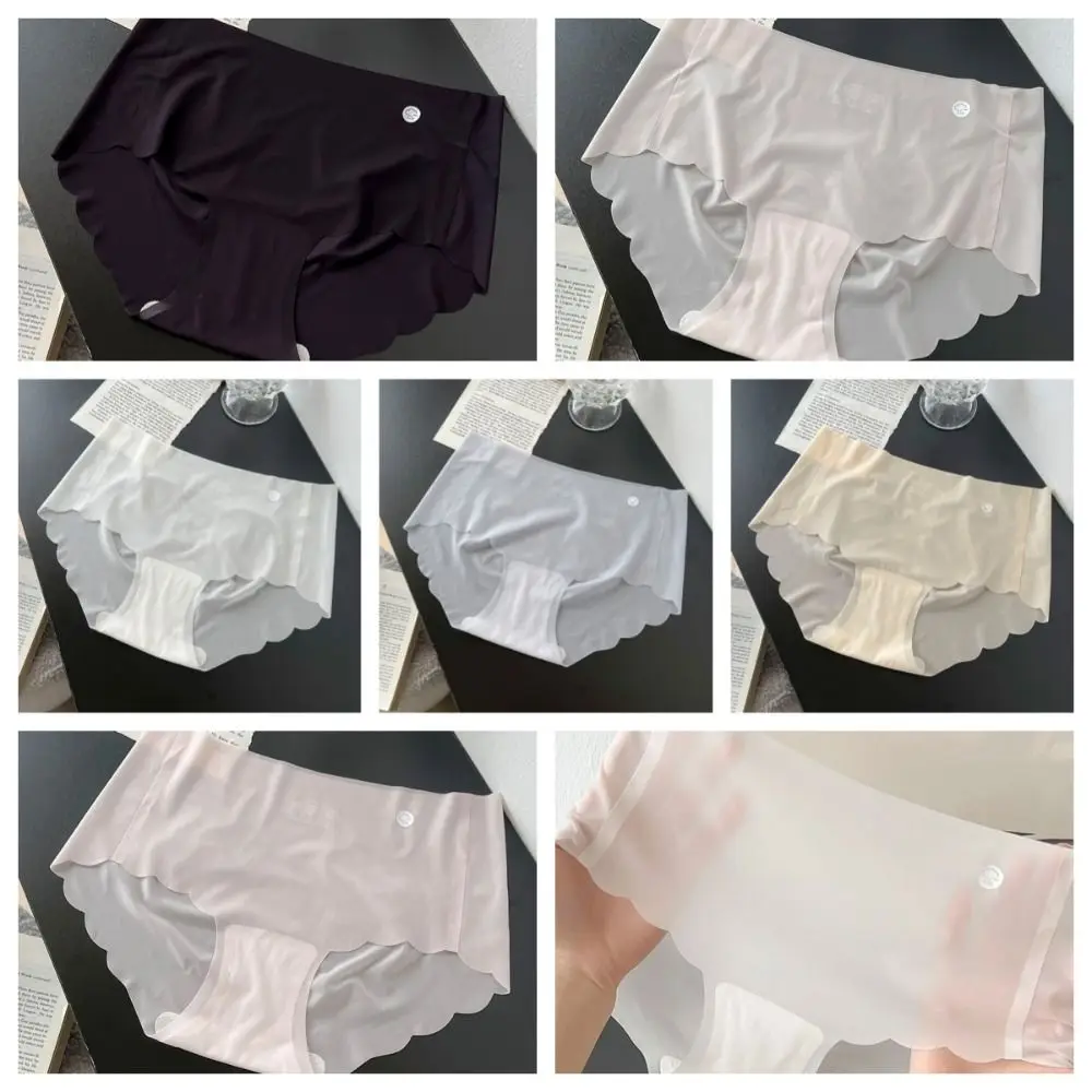 Breathable Solid Color Ice Silk Panties Ultra Thin Soft Middle Waist Briefs Panties Cotton Crotch Seamless Lingerie Women