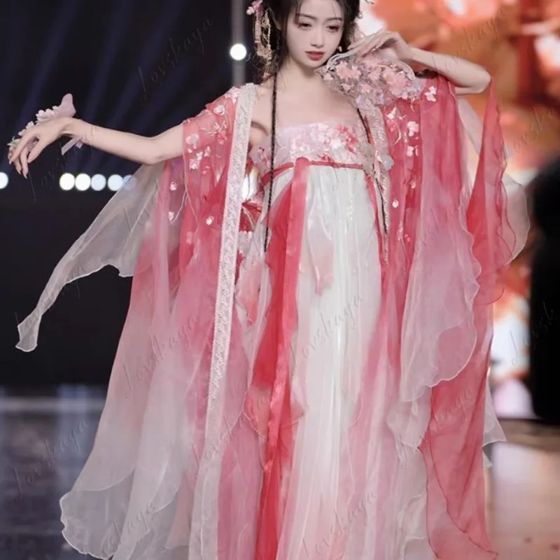 Women's Tang-Style Hanfu Qixiong Ruqun Spring Summer Floral Embroidery Wide Sleeves Traditional Costume with Butterfly Design