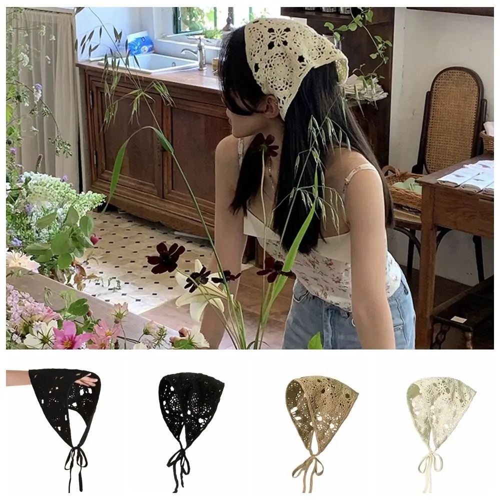 New Style Hollow Floral Headband Crochet Weave Headwear Ribbon Knitting Turban Triangular Scarf Summer