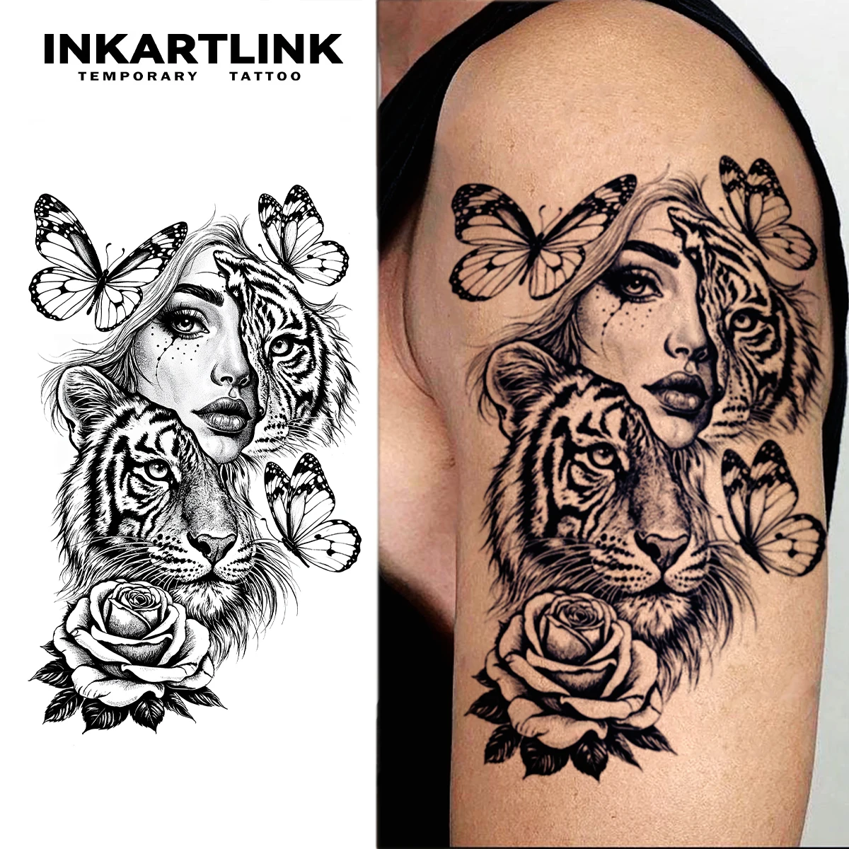 INKARTLINK Girl Tiger Butterfly Juice Tattoo Patch Waterproof Continuous Color Rendering 1-2 Weeks Essential for Trendsetters